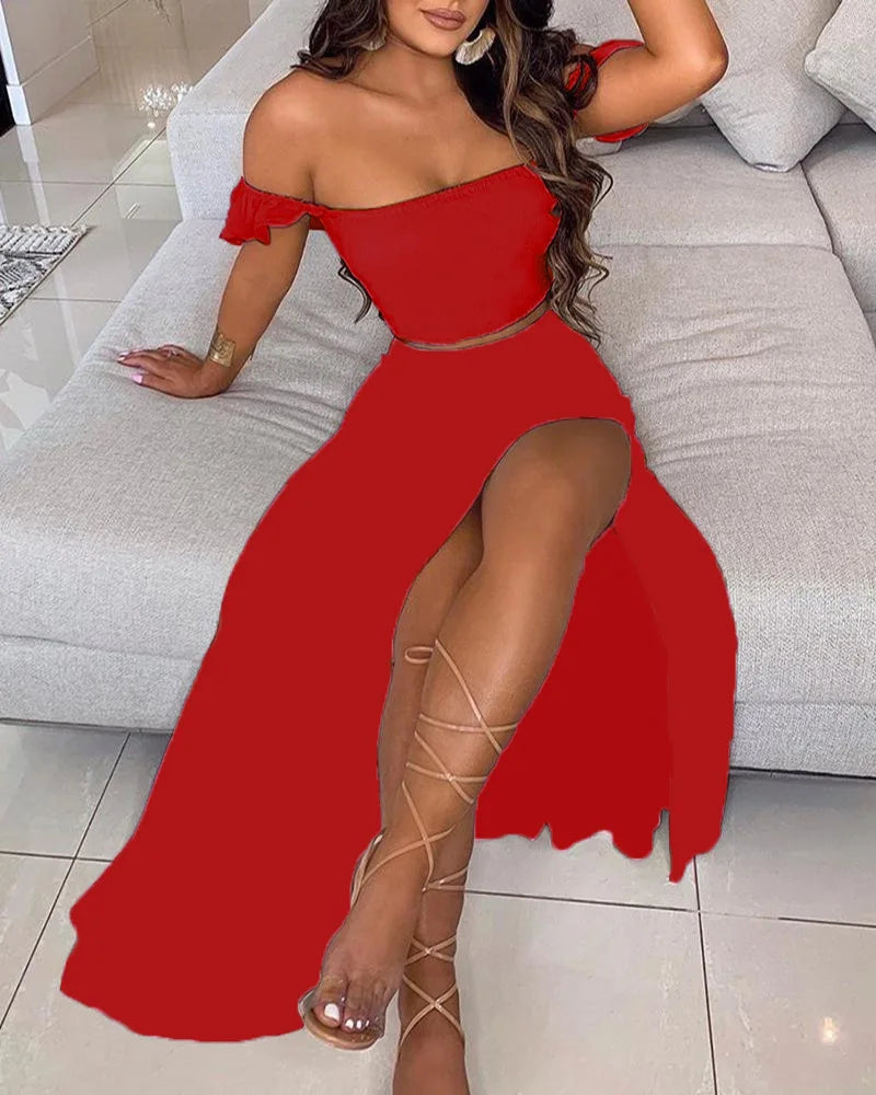 Summer Floral Print Elegant Off Shoulder Split Long Maxi Skirt