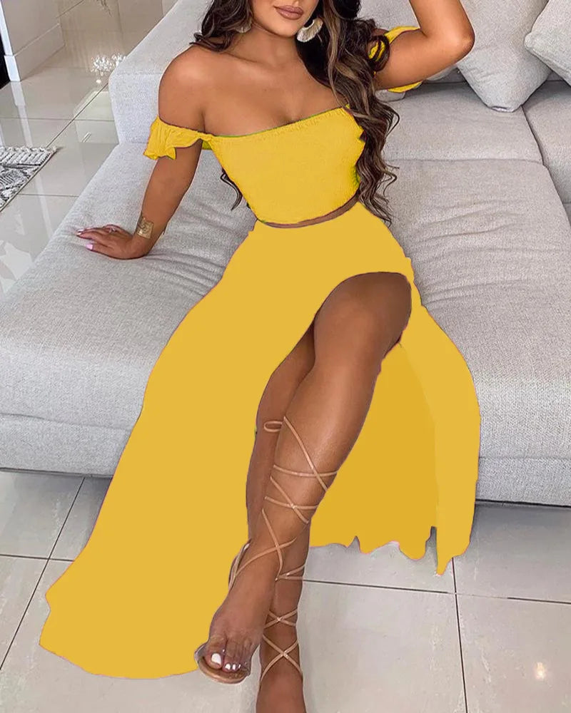 Summer Floral Print Elegant Off Shoulder Split Long Maxi Skirt