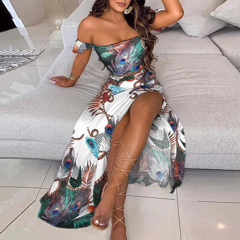 Summer Floral Print Elegant Off Shoulder Split Long Maxi Skirt