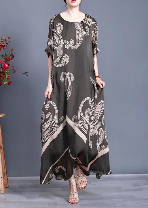 Women Tea Green Print Loose Silk Dress Summer
