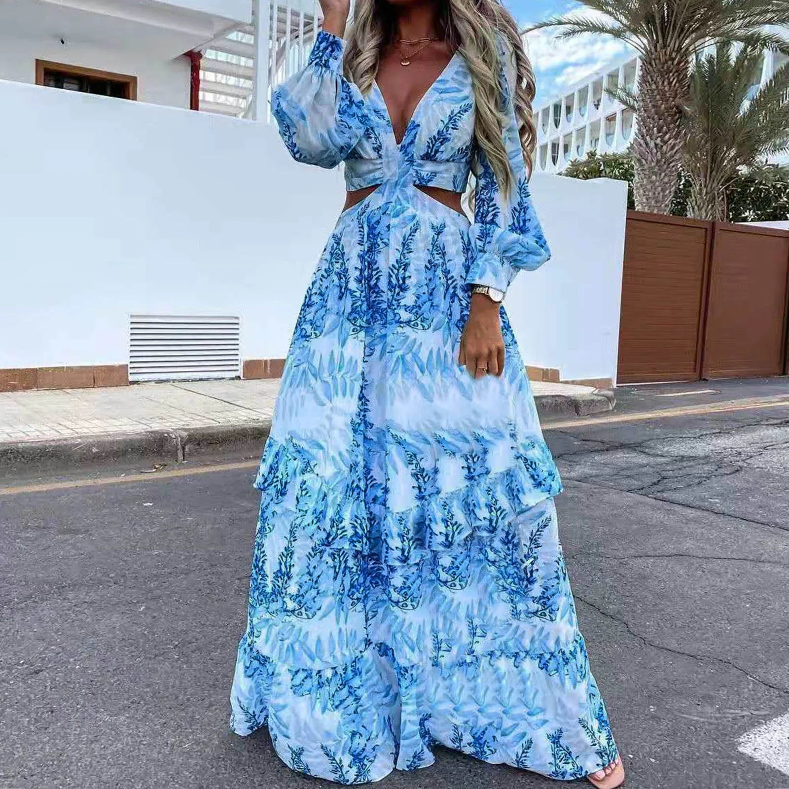 Sexy Hollow Out Lantern Sleeve Backless VNeck Beach Cover Up Maxi Party Long Women's Dress