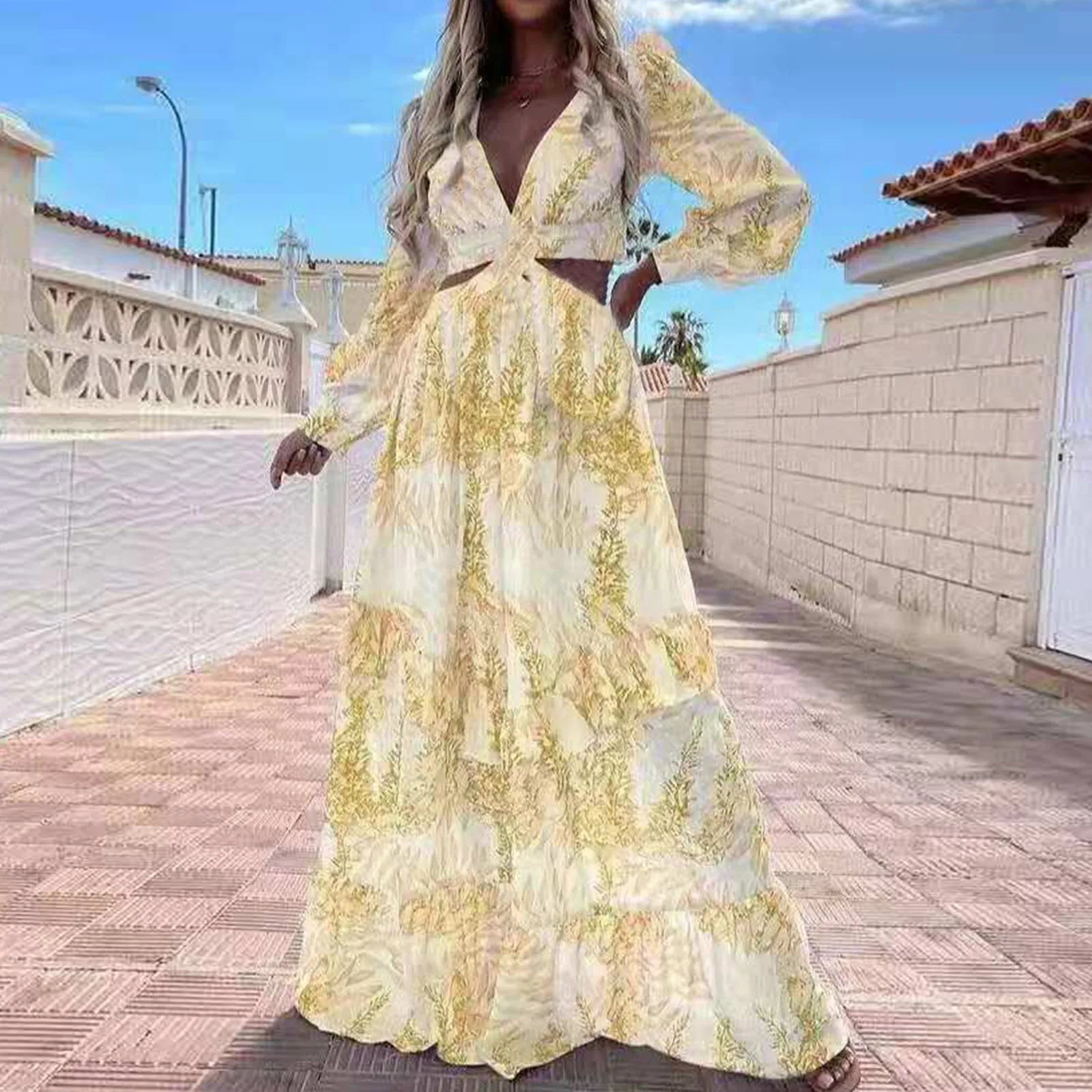 Sexy Hollow Out Lantern Sleeve Backless VNeck Beach Cover Up Maxi Party Long Women's Dress