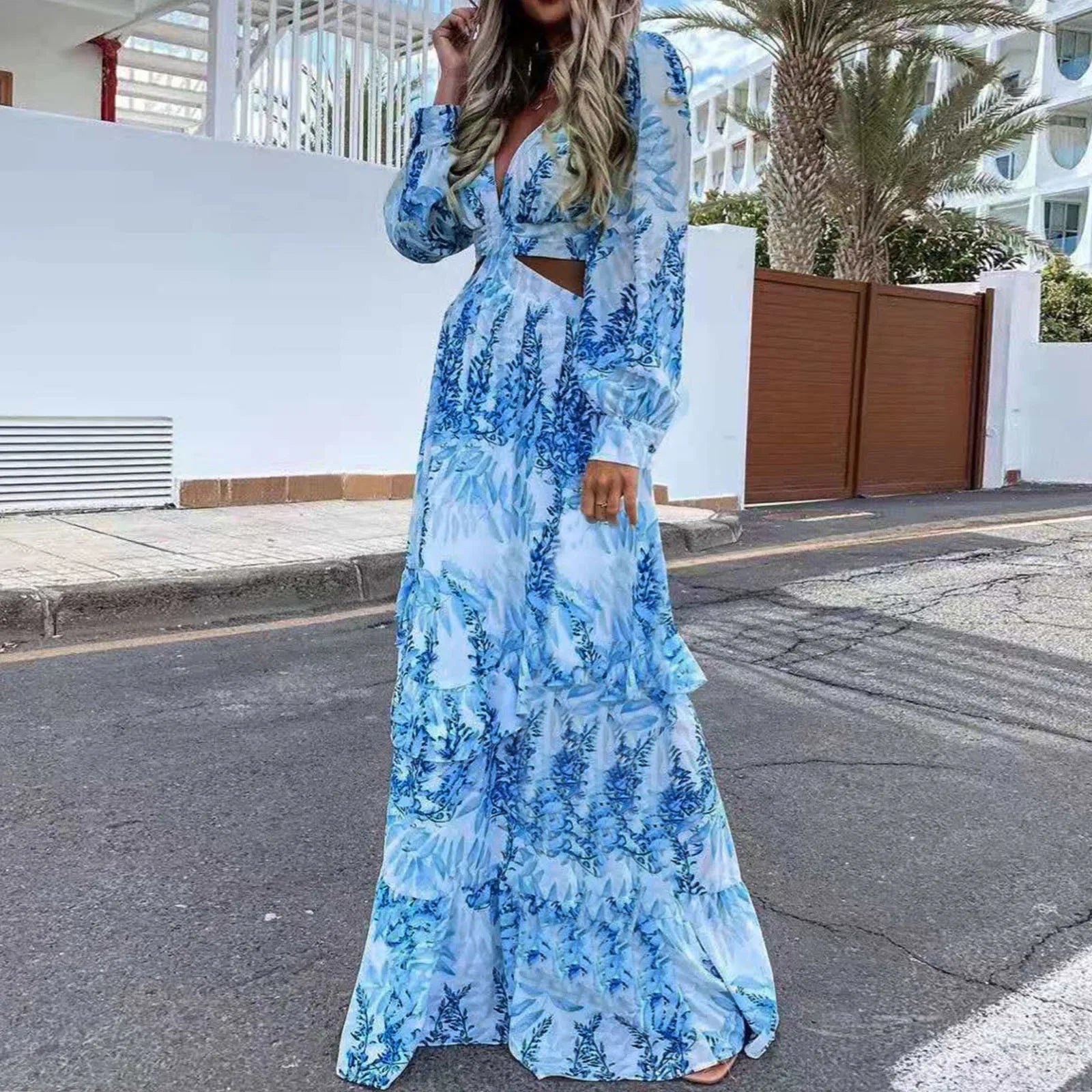 Sexy Hollow Out Lantern Sleeve Backless VNeck Beach Cover Up Maxi Party Long Women's Dress