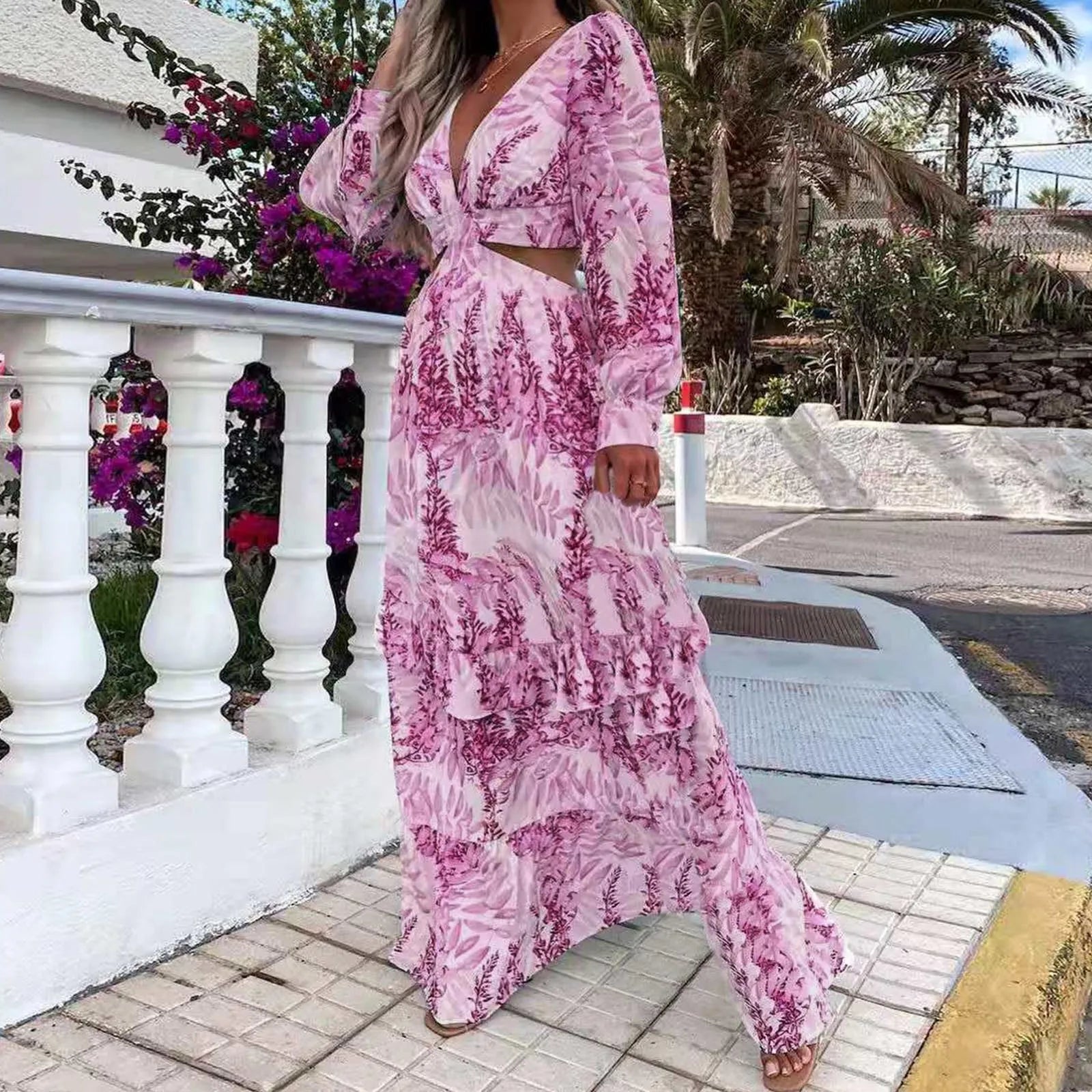Sexy Hollow Out Lantern Sleeve Backless VNeck Beach Cover Up Maxi Party Long Women's Dress