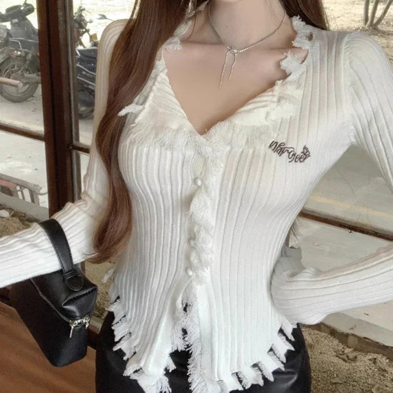 V-Neck Knit Sweater Pattern Tassel Irregular Hem Knit Top WHITE / One Size knittop-250126