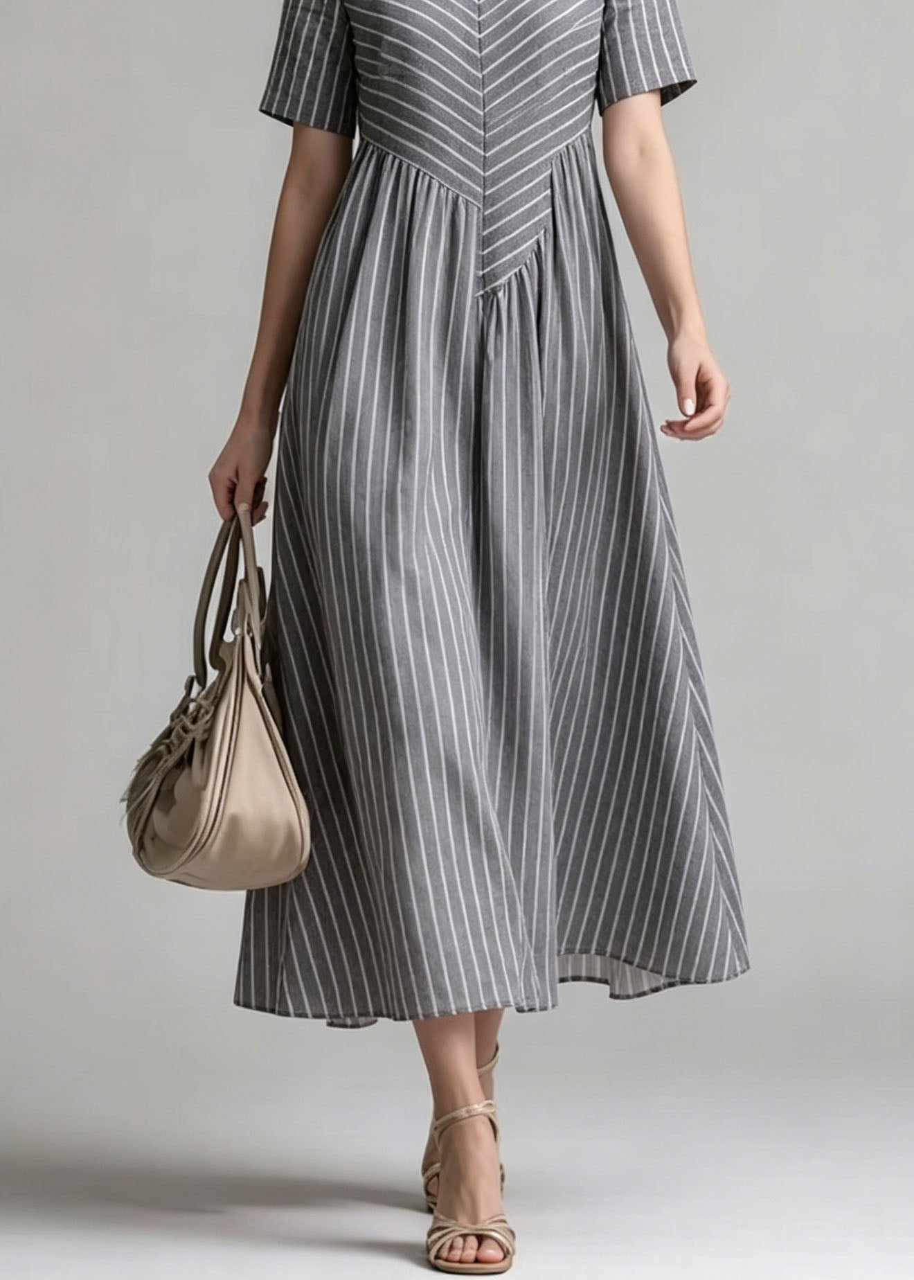 Women V Neck Striped Patchwork Cotton Dress Summer