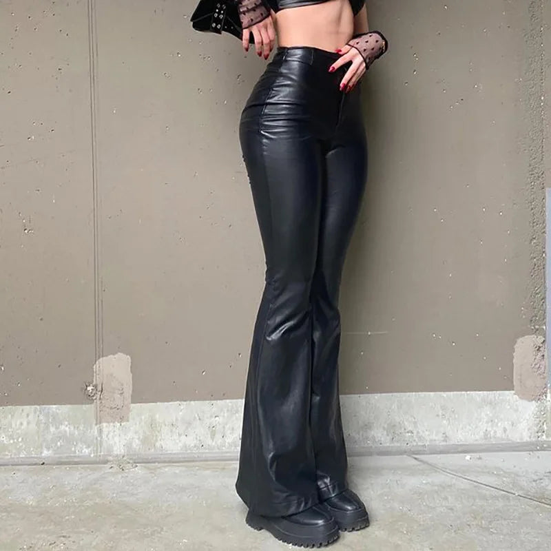 Vintage PU High Waist Stretch Slim Faux Leather BellBottoms Bodycon Clubwear Pants