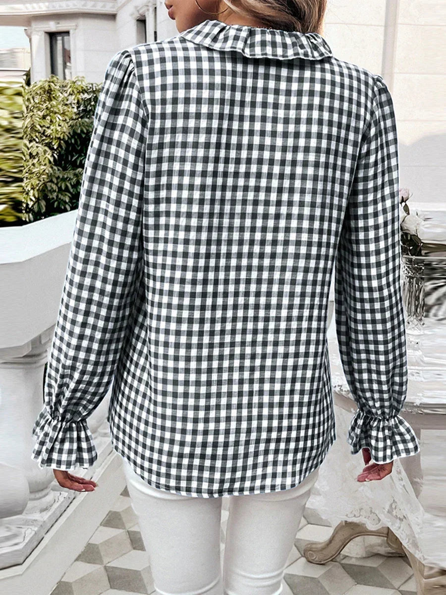 Plaid Ruffle V-neck Blouse