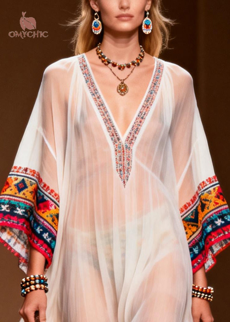 Women White Oversized Print Chiffon Maxi Dresses Summer