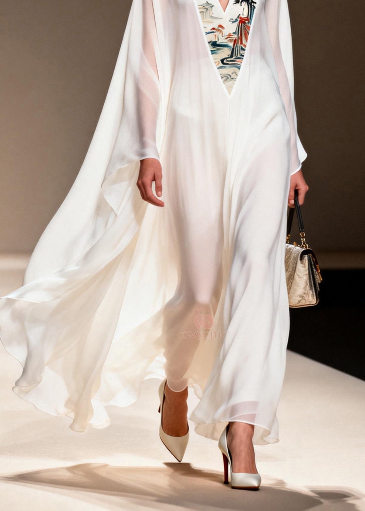Women White V Neck Patchwork Chiffon Long Dresses Spring
