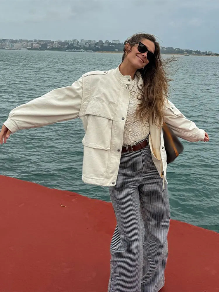 Zippered Spliced Motorcycle Fashionable Solid Stand Neck Long Sleeve Short Autumn Coat White / S