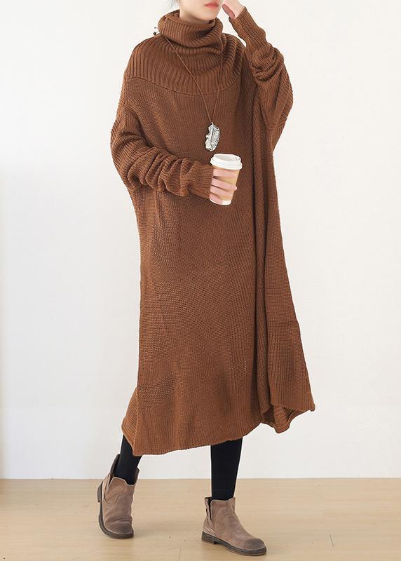Women back open Sweater high neck dress outfit plus size drak brown daily knit dresses