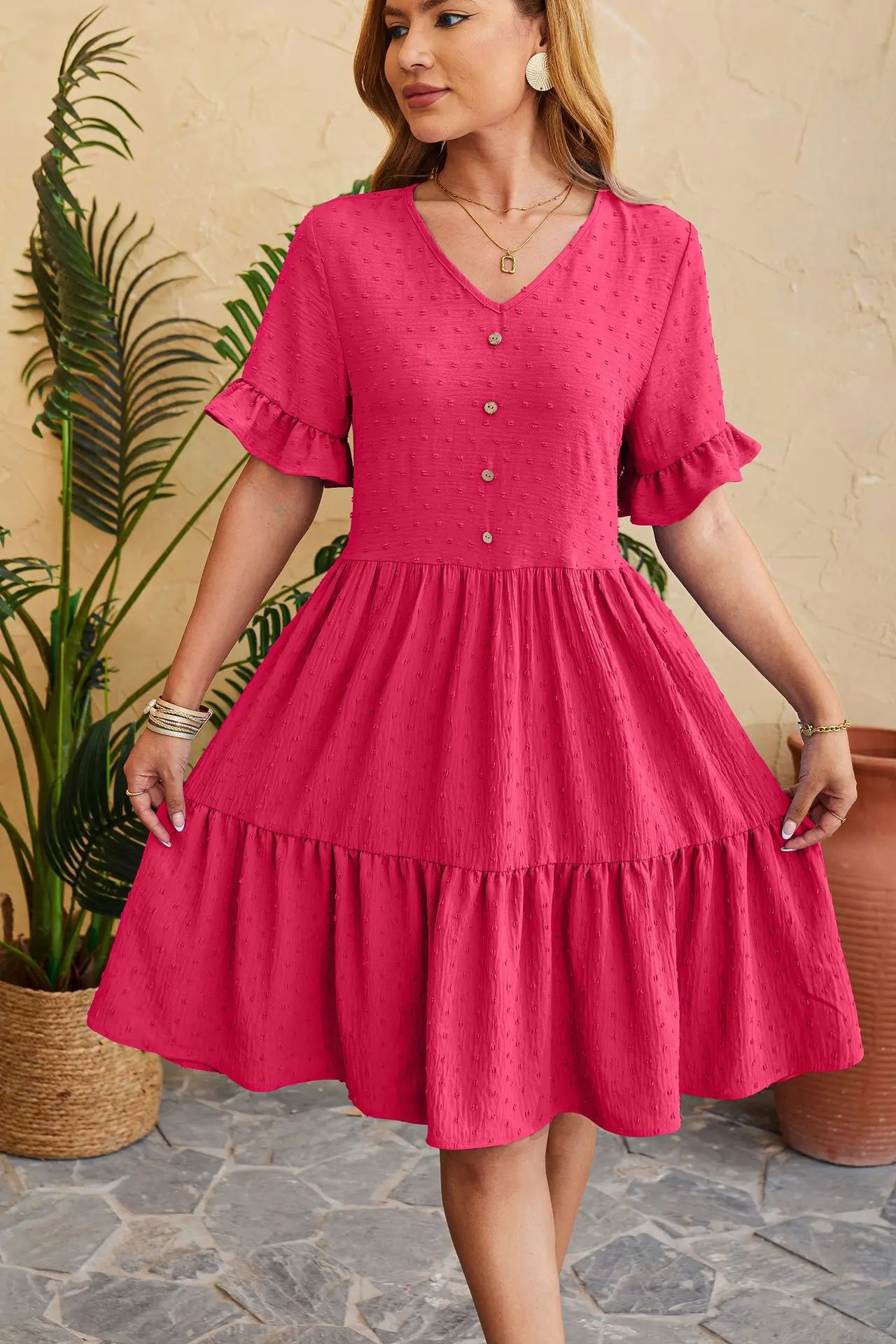 New Jacquard Fivequarter Pleat Polka LOOSE Midi Dresses