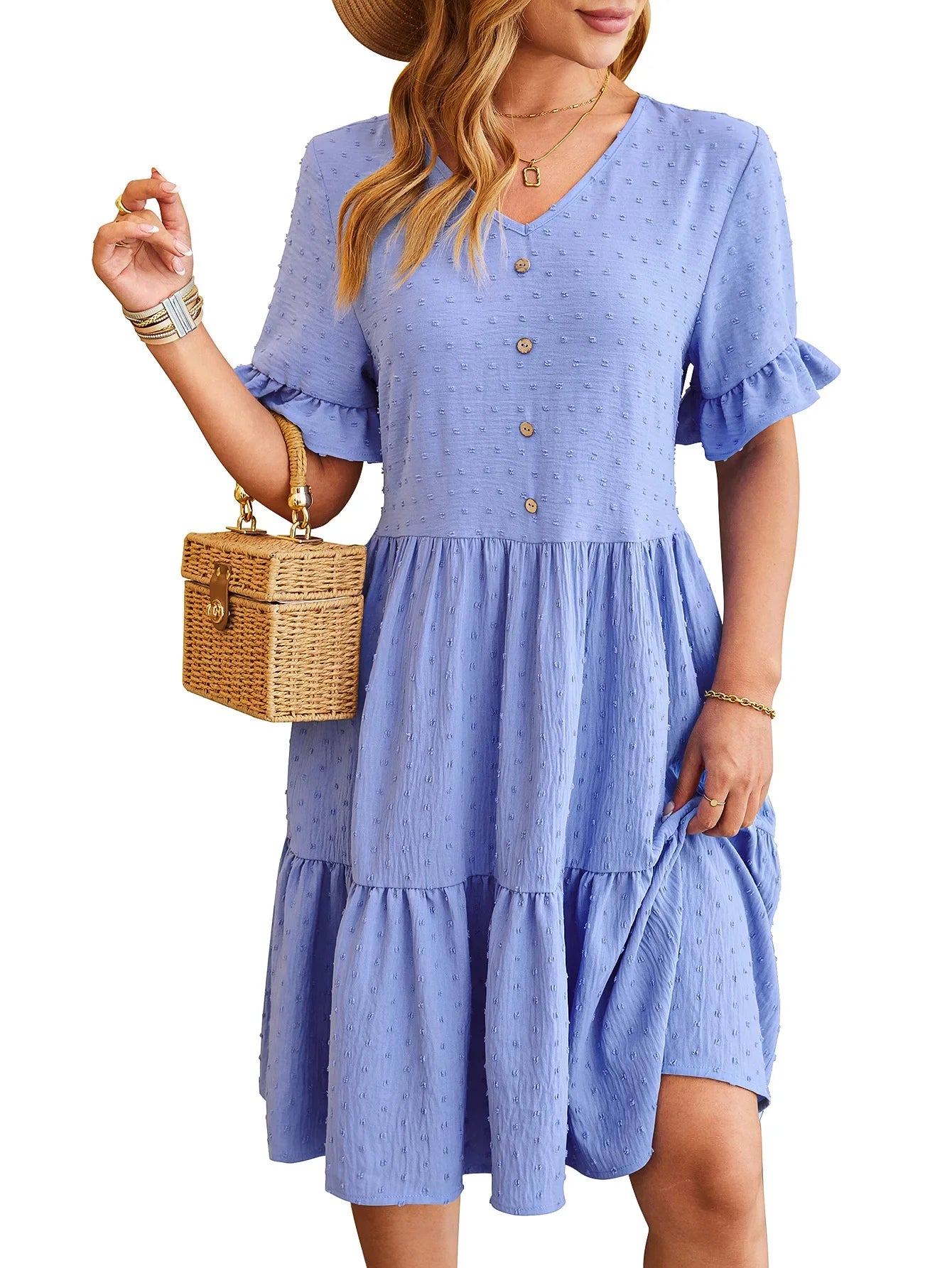 New Jacquard Fivequarter Pleat Polka LOOSE Midi Dresses