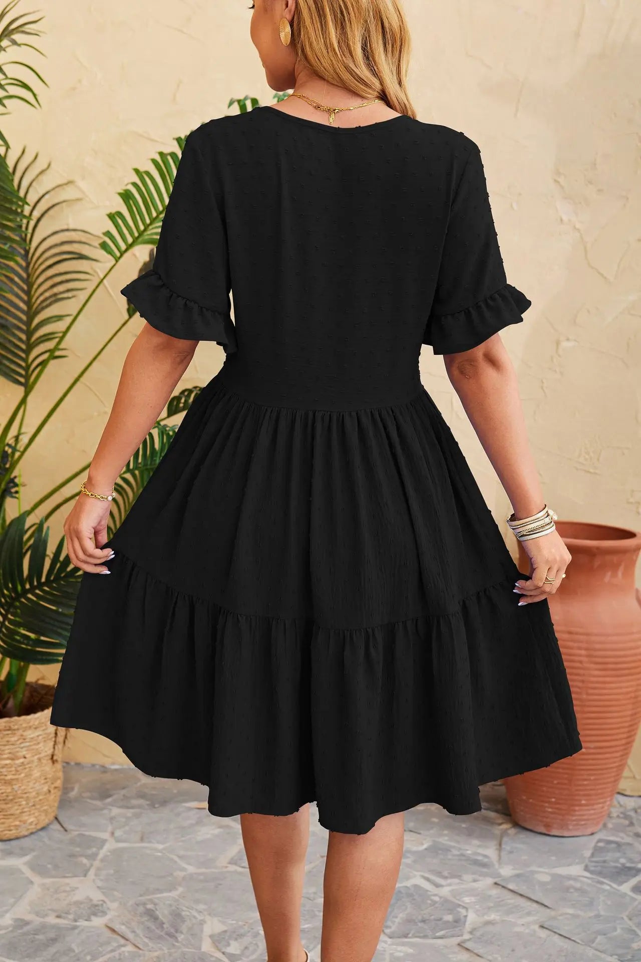 New Jacquard Fivequarter Pleat Polka LOOSE Midi Dresses