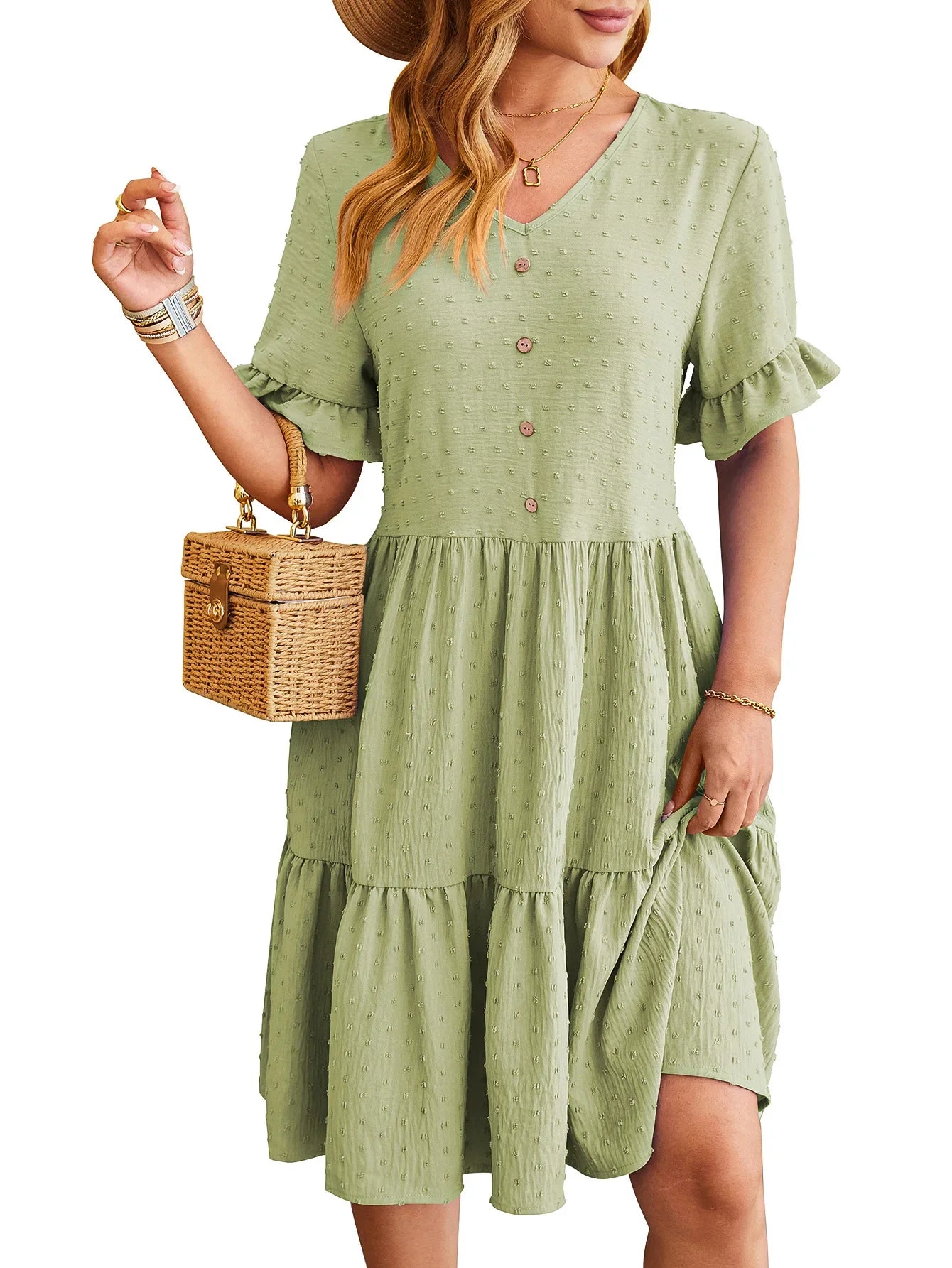 New Jacquard Fivequarter Pleat Polka LOOSE Midi Dresses