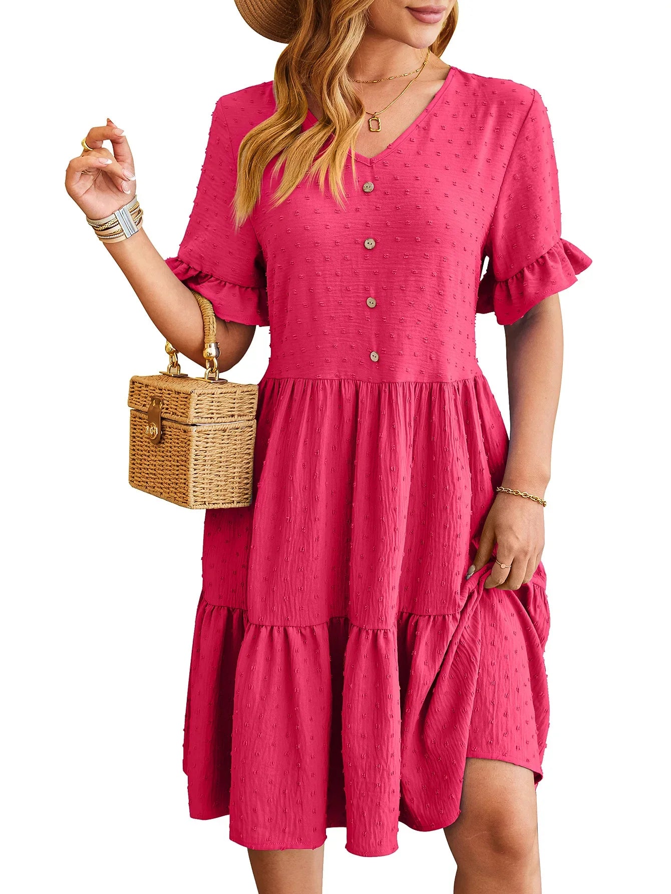 New Jacquard Fivequarter Pleat Polka LOOSE Midi Dresses