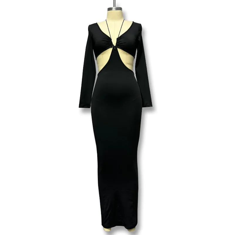 Women's Black Autumn Long Sleeve Vneck Female Casual Party Club Y2k Vestidos Traf Midi Dresses