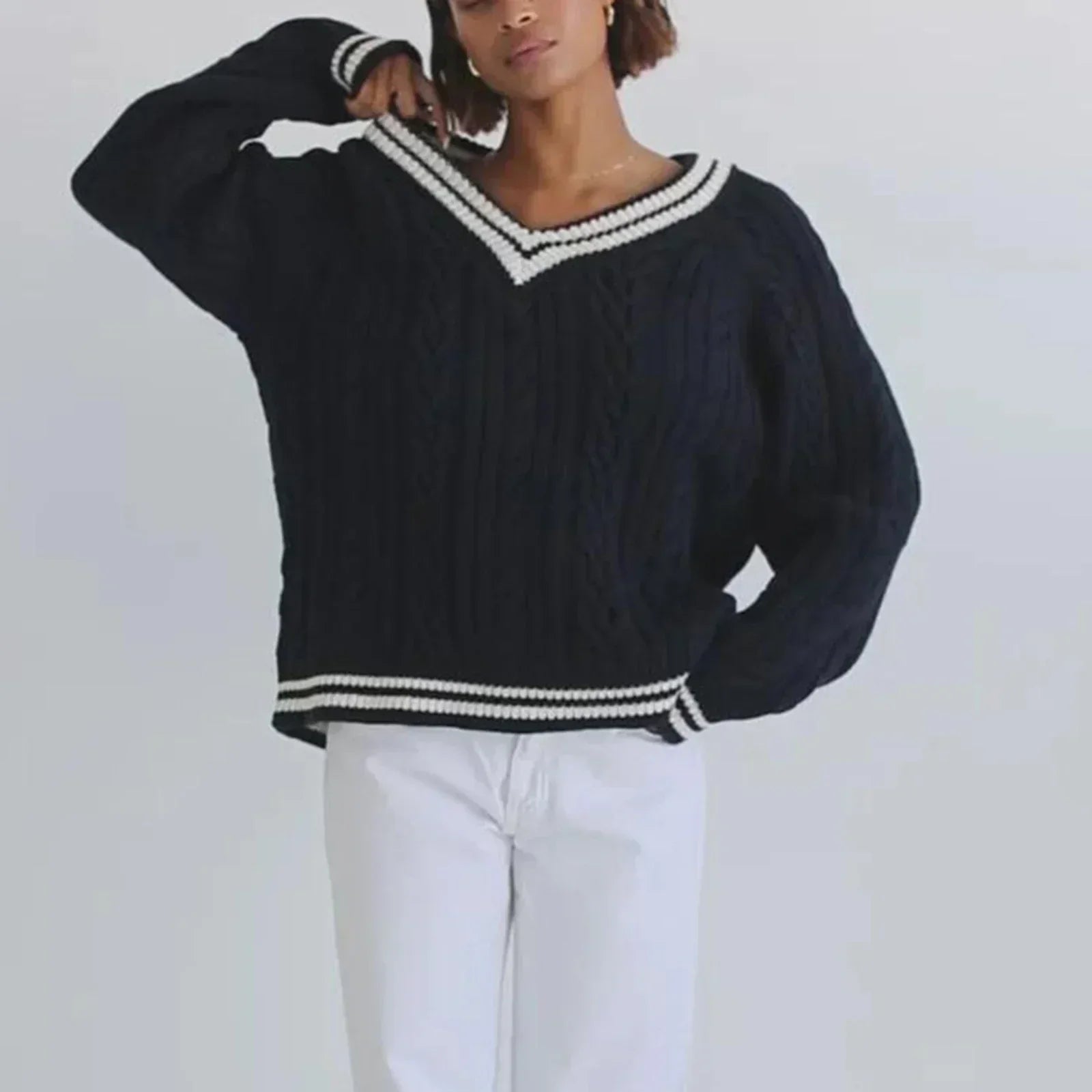 Cable Knit Loose Contrast Trim Streetwear Sweater