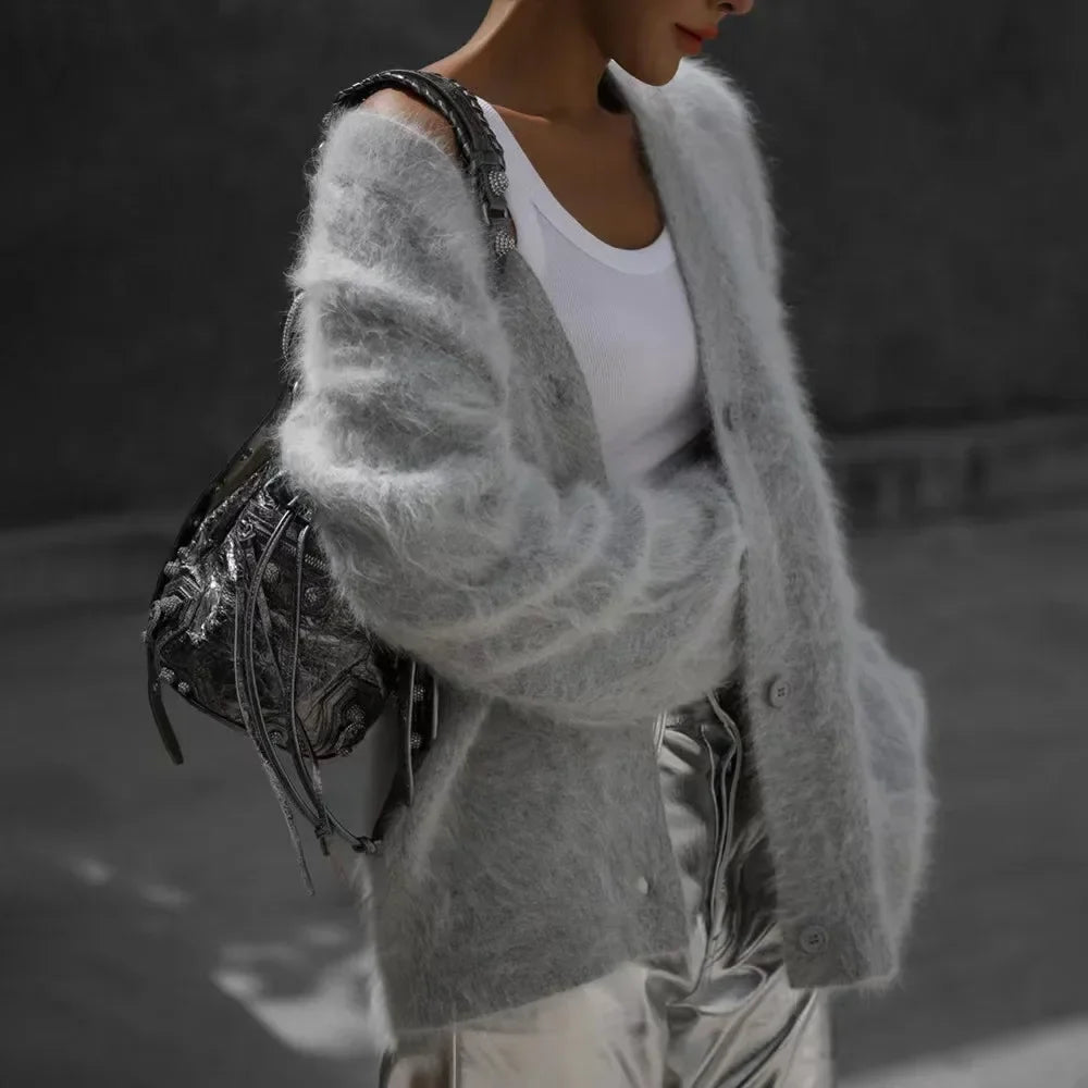 Cardigans Fashion Vneck Oversized Solid Knitted Sweater