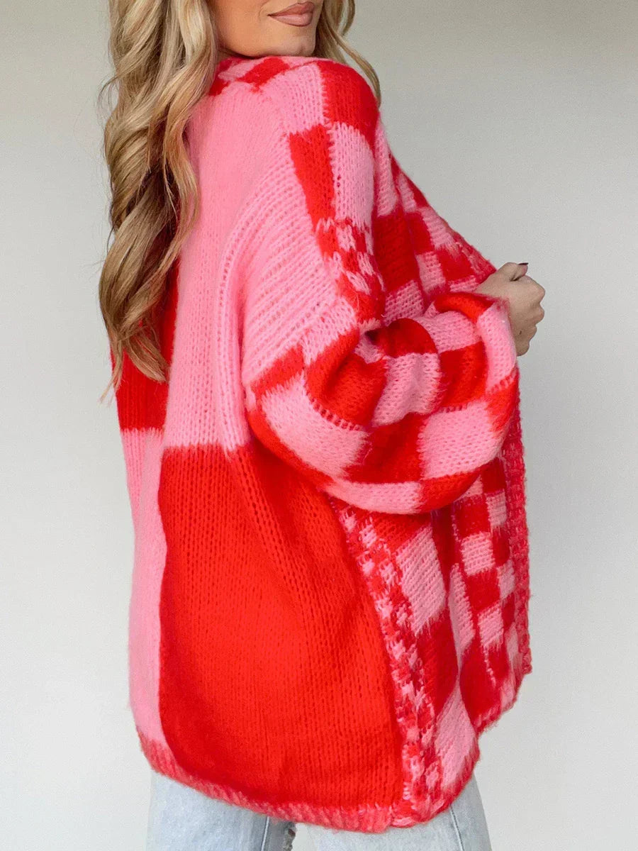 Checkered Loose Long Sleeve Open Front Cardigan Pink / S