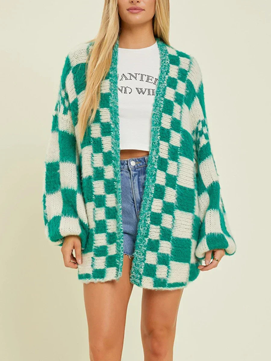 Checkered Loose Long Sleeve Open Front Cardigan Green / S