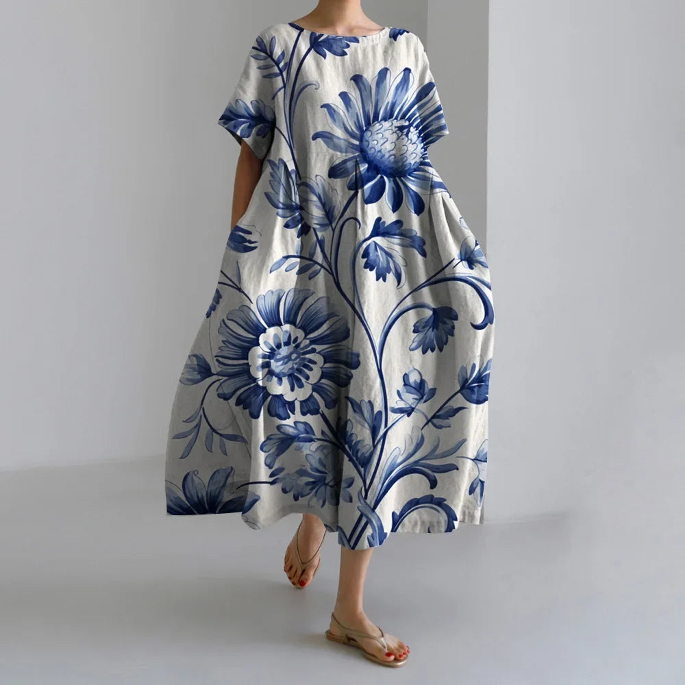 Exquisite 3D Floral Print Short Sleeve Midi Evening Dress blue1 / S oldfloraldress-250126