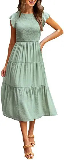 Flying Pleated Layering Solid Swing Trending Loose Midi Dresses