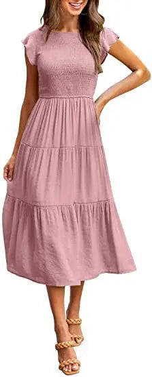 Flying Pleated Layering Solid Swing Trending Loose Midi Dresses