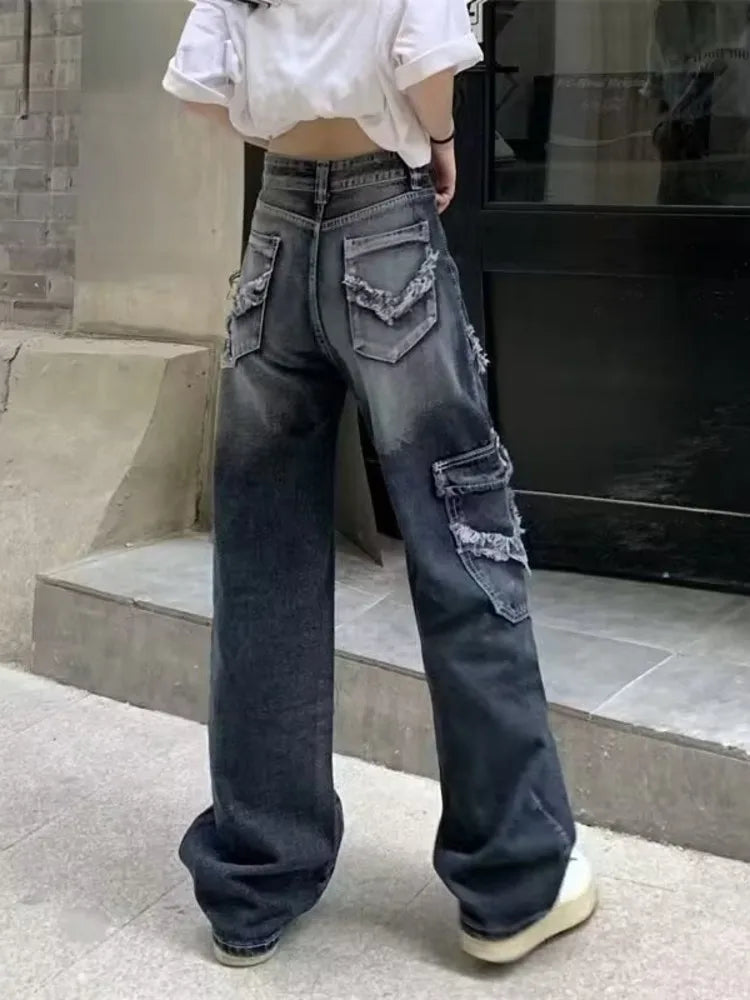 Summer Vintage Washed and Worn Out Versatile Straight Drop High Waist Wide Leg Women's Jean