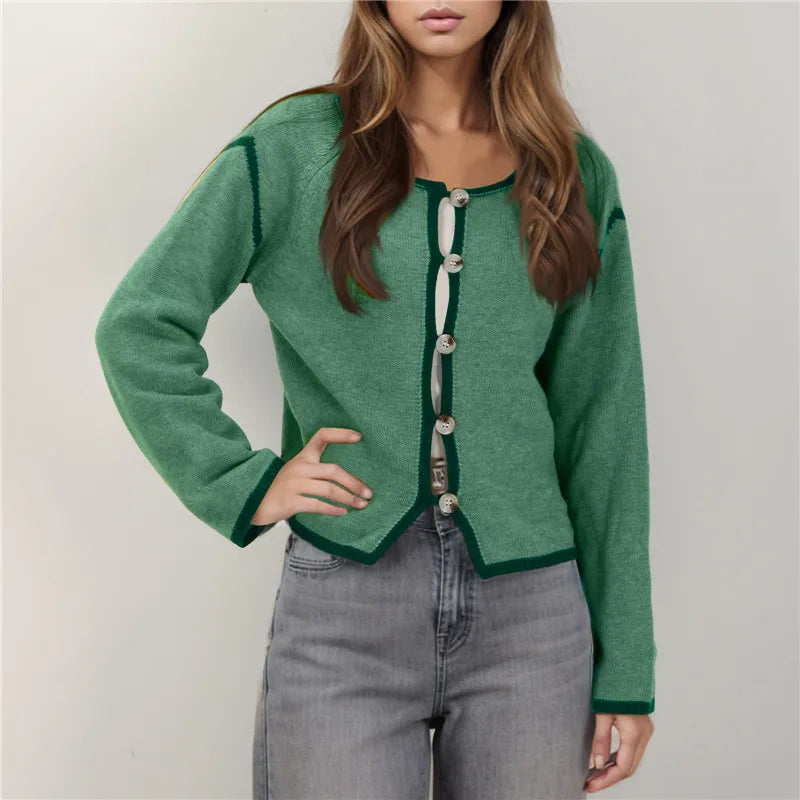 Contrast Stitching Long Sleeve Button Cardigan Green / S
