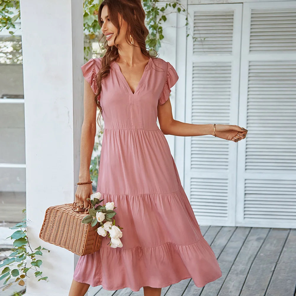 Loose Vneck Sexy Flying Solid Leisure Aline Long Midi Dresses