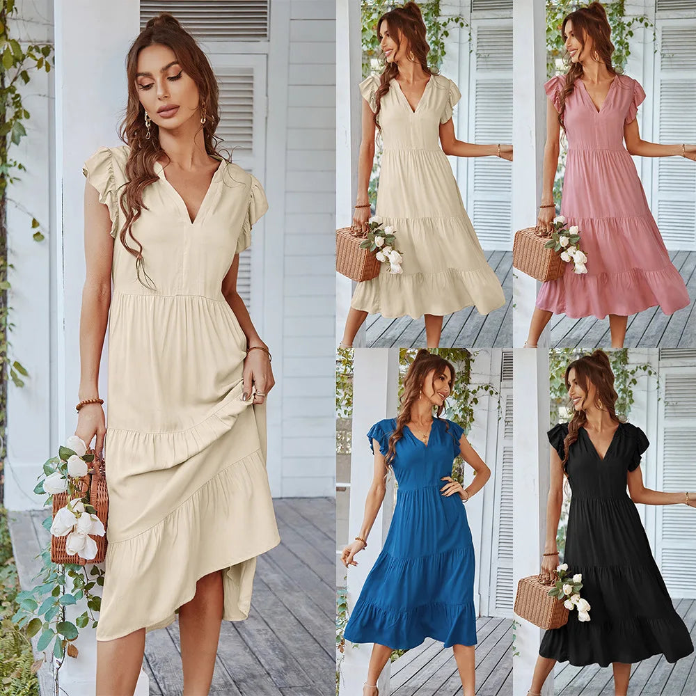 Loose Vneck Sexy Flying Solid Leisure Aline Long Midi Dresses