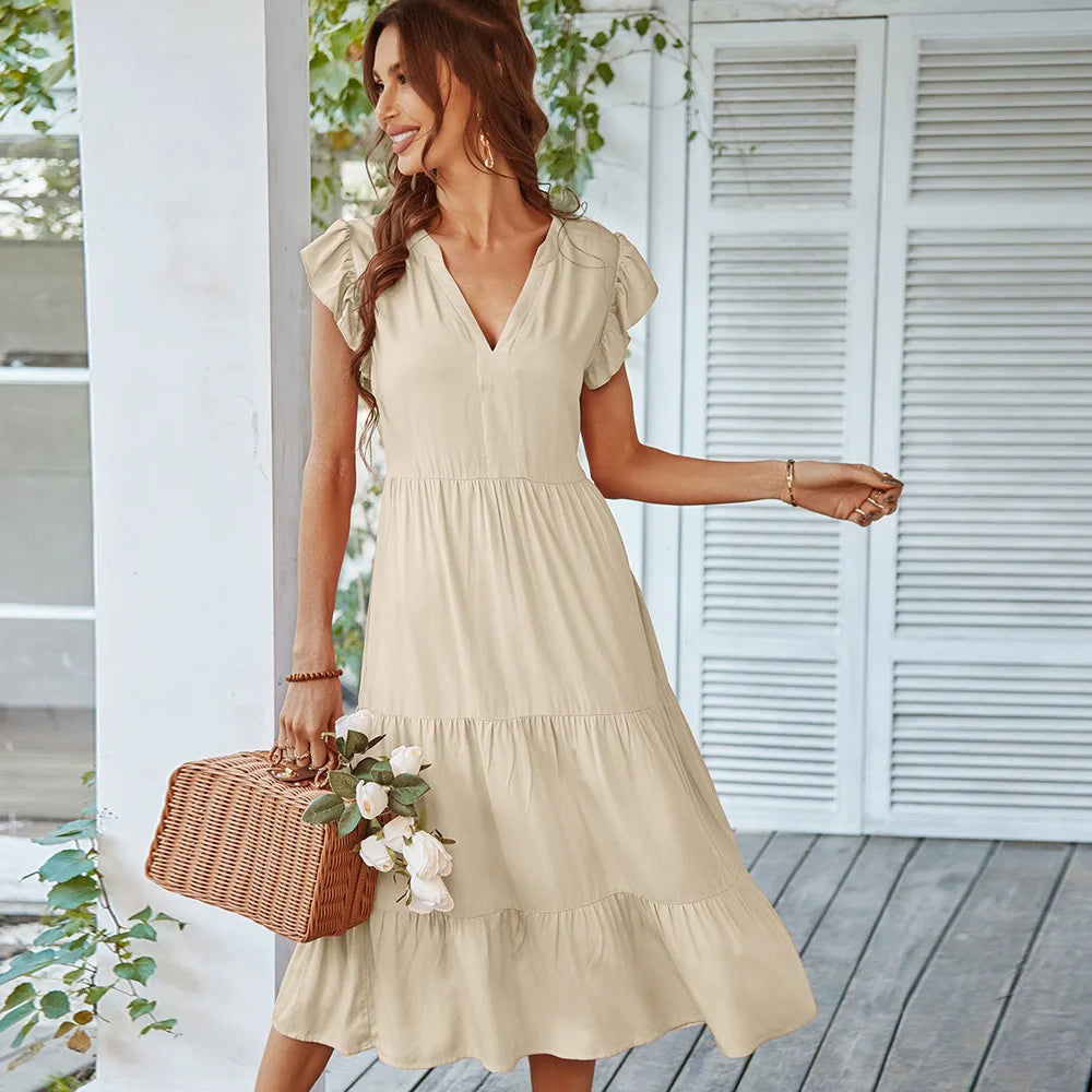 Loose Vneck Sexy Flying Solid Leisure Aline Long Midi Dresses