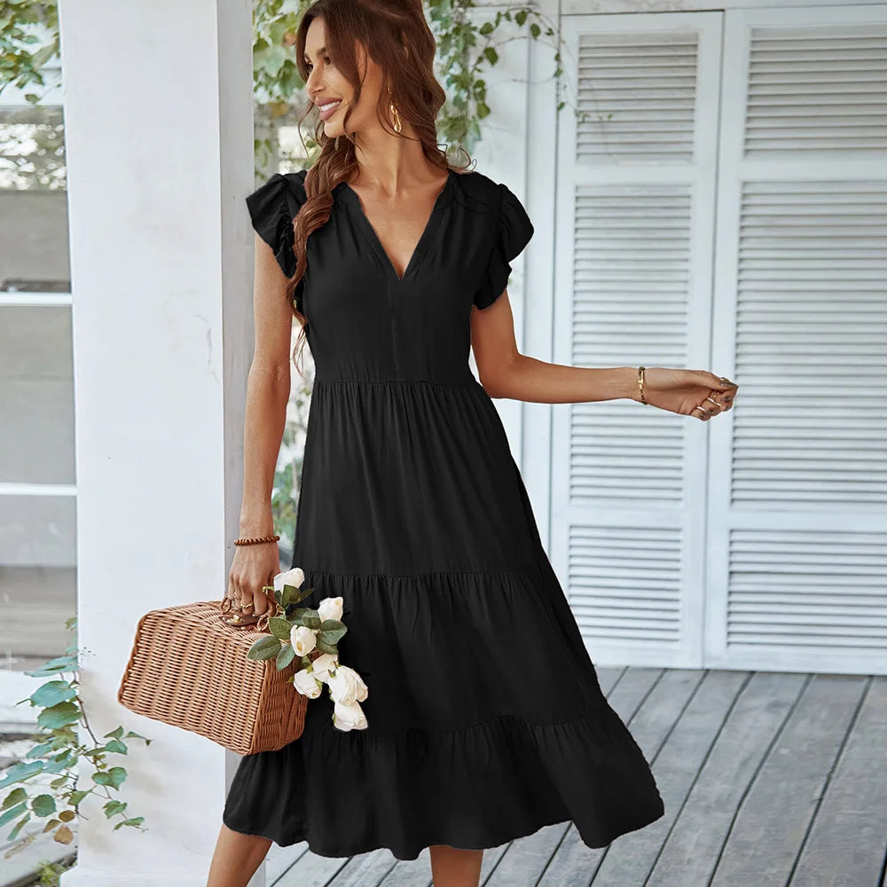 Loose Vneck Sexy Flying Solid Leisure Aline Long Midi Dresses
