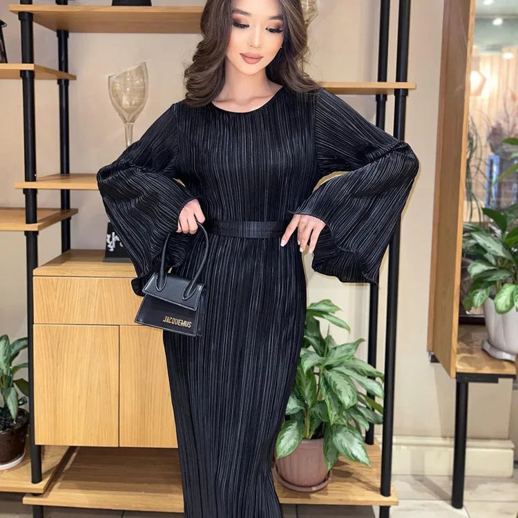 Maxi Autumn New Crewneck Laceup Pleated Elegant Midi Dresses