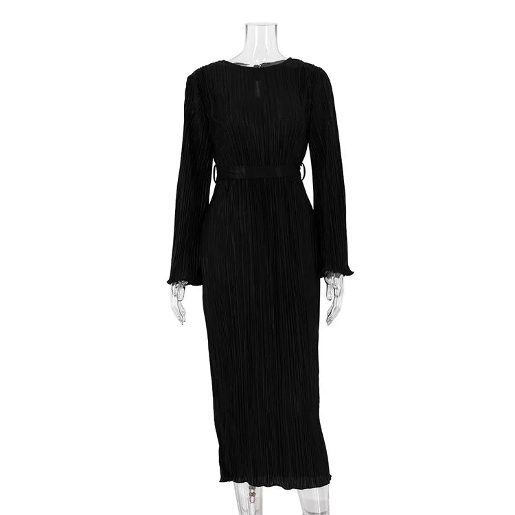 Maxi Autumn New Crewneck Laceup Pleated Elegant Midi Dresses