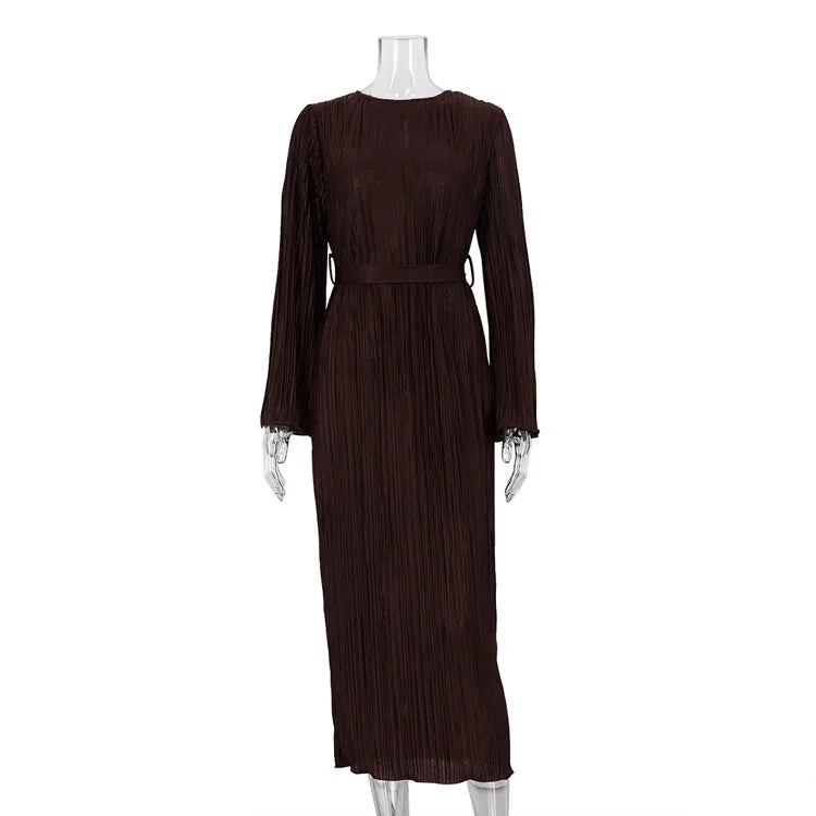 Maxi Autumn New Crewneck Laceup Pleated Elegant Midi Dresses