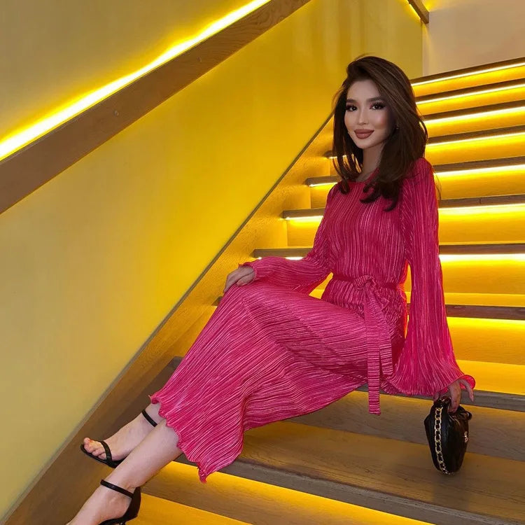 Maxi Autumn New Crewneck Laceup Pleated Elegant Midi Dresses