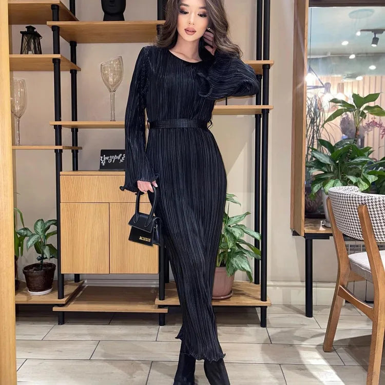 Maxi Autumn New Crewneck Laceup Pleated Elegant Midi Dresses