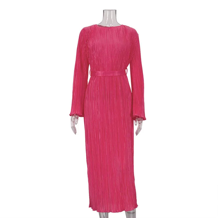 Maxi Autumn New Crewneck Laceup Pleated Elegant Midi Dresses