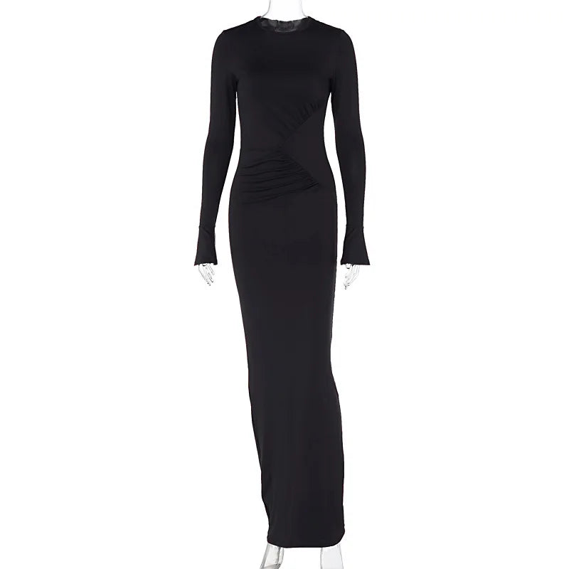 Women's Maxi Autumn Winter New Solid Crewneck Personality Pleated Elegant Vestidos Midi Dresses