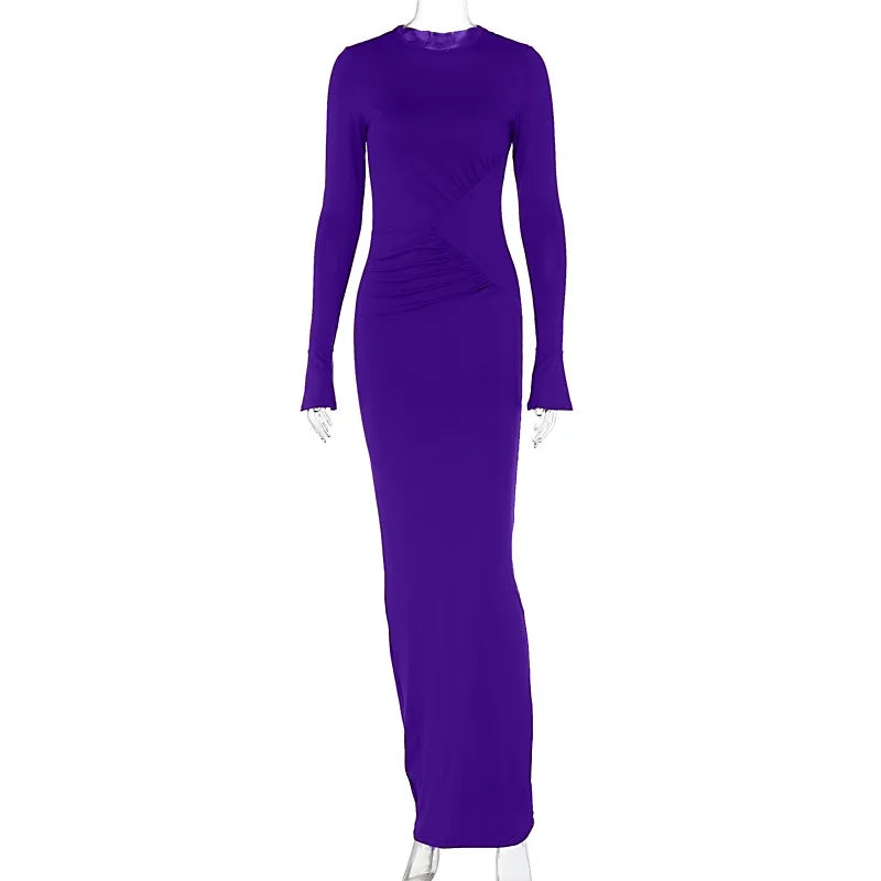 Women's Maxi Autumn Winter New Solid Crewneck Personality Pleated Elegant Vestidos Midi Dresses