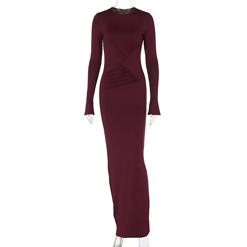 Women's Maxi Autumn Winter New Solid Crewneck Personality Pleated Elegant Vestidos Midi Dresses