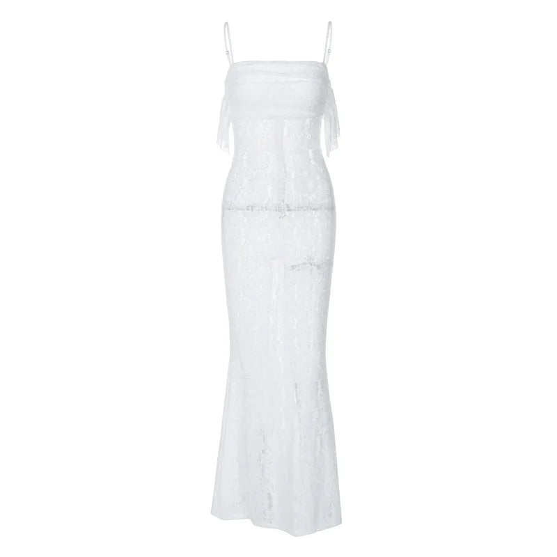 Women's Maxi White Spring Summer Suspenders Lowcut Slimfit Buttock Elegant Vestidos Midi Dresses