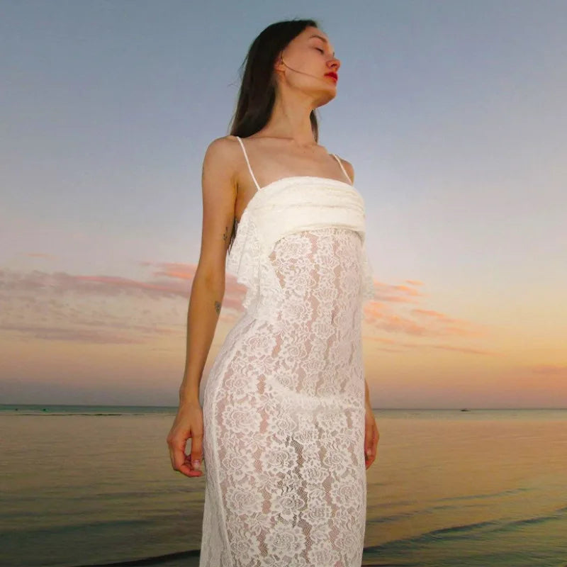 Women's Maxi White Spring Summer Suspenders Lowcut Slimfit Buttock Elegant Vestidos Midi Dresses