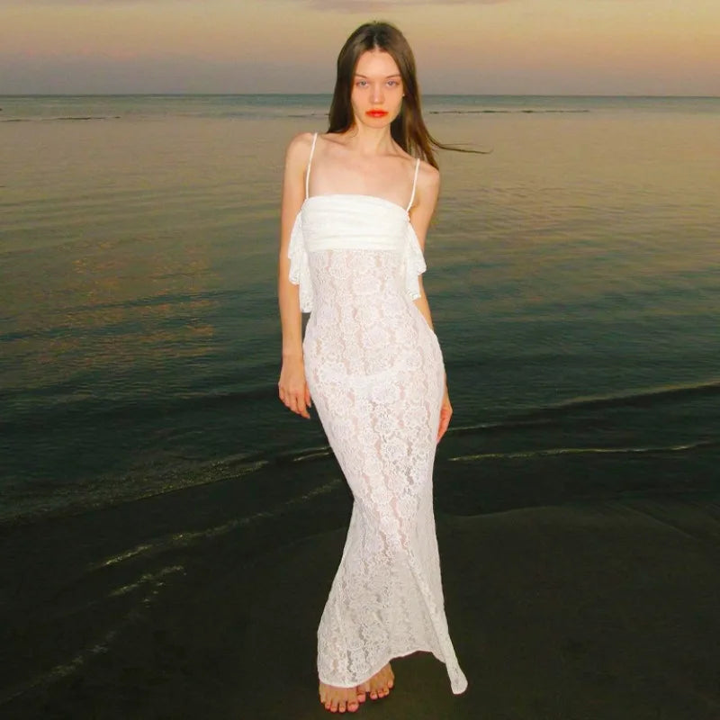 Women's Maxi White Spring Summer Suspenders Lowcut Slimfit Buttock Elegant Vestidos Midi Dresses