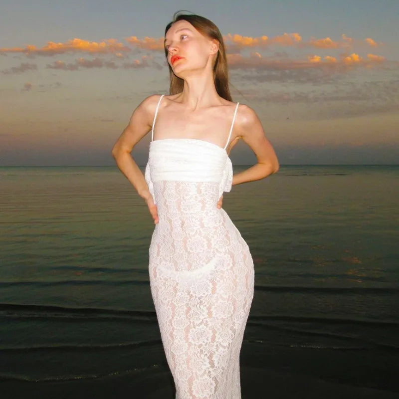 Women's Maxi White Spring Summer Suspenders Lowcut Slimfit Buttock Elegant Vestidos Midi Dresses