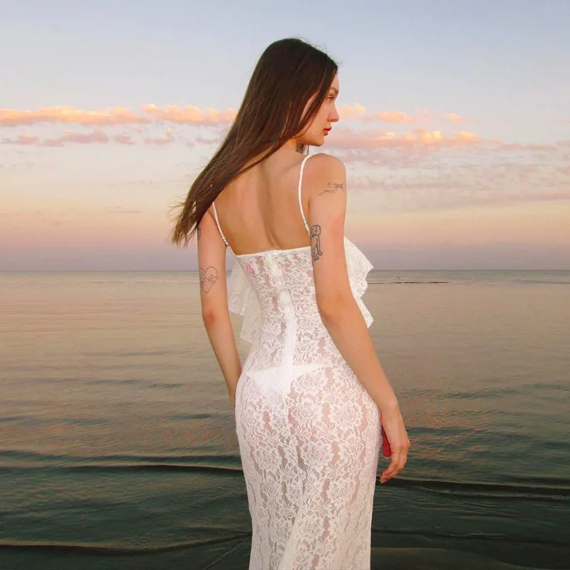 Women's Maxi White Spring Summer Suspenders Lowcut Slimfit Buttock Elegant Vestidos Midi Dresses