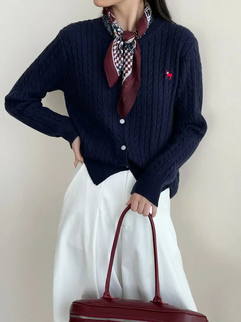 Navy Blue Cable Knit Cartoon Embroidered Trendy Cardigan Sweater
